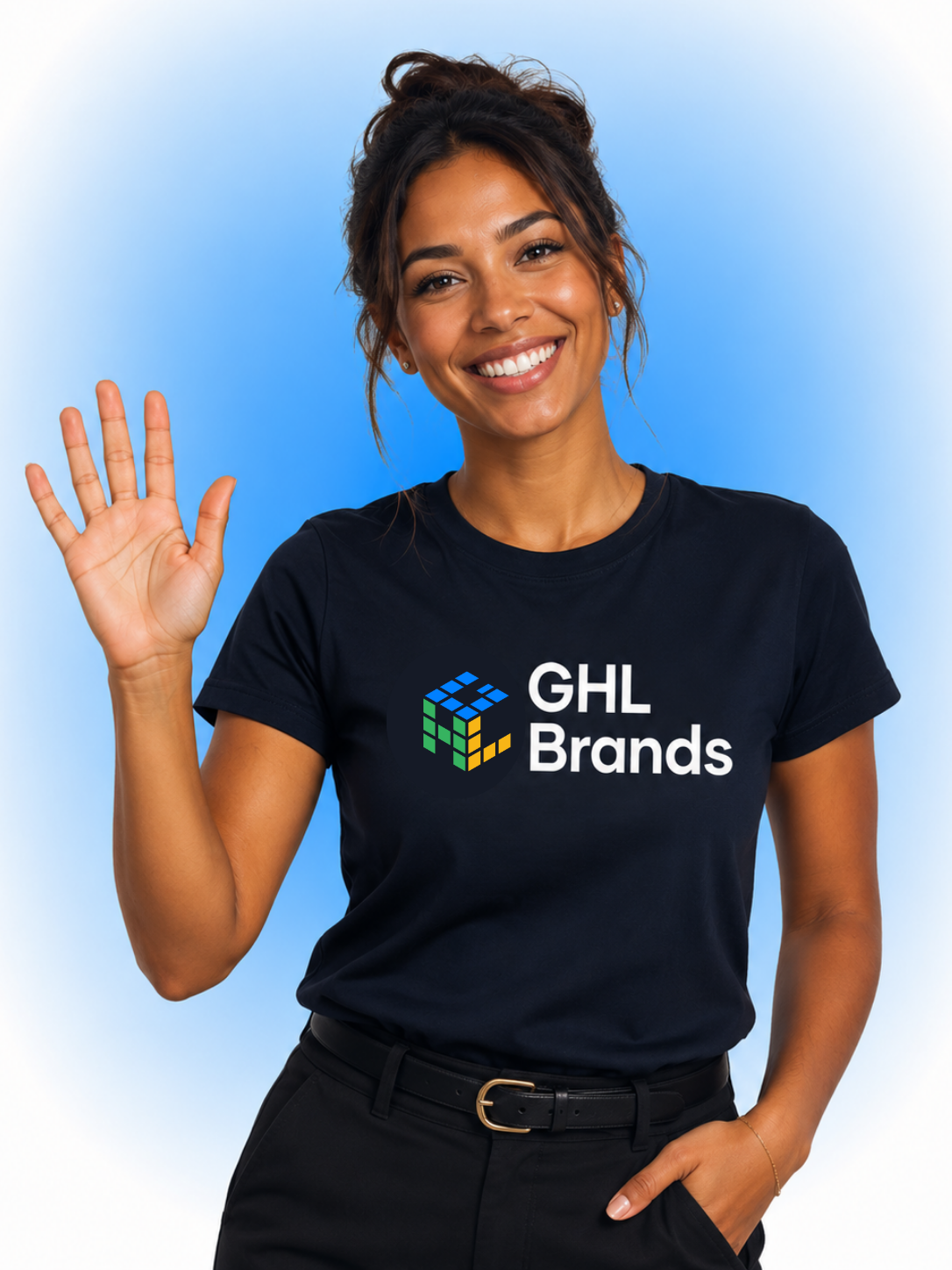 Your dedicated social media manager waving, wearing a GHL Brands shirt